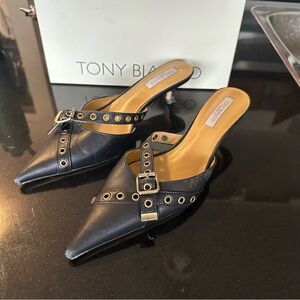 Tony Bianco Black Mules with Buckle Detail